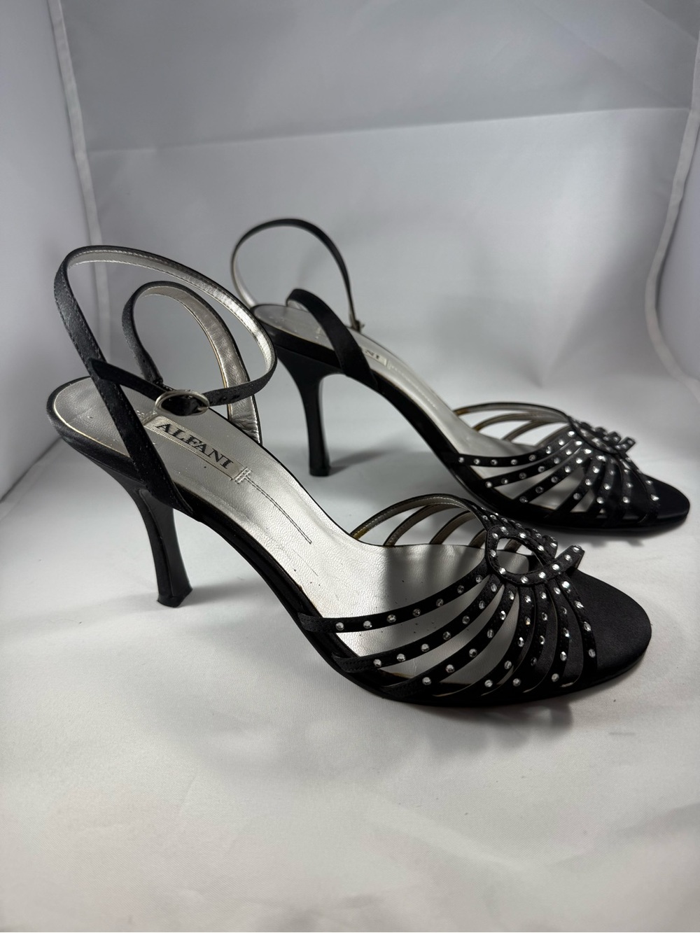 Alfani Black Satin Strappy Slingback Heels with Stud Accents